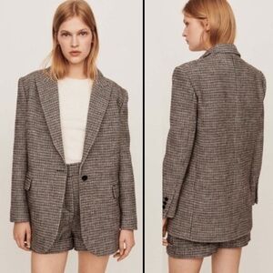 MAJE Womens Gregor Houndstooth Blazer Coat Single Button Checkered Wool Sz 36/ S